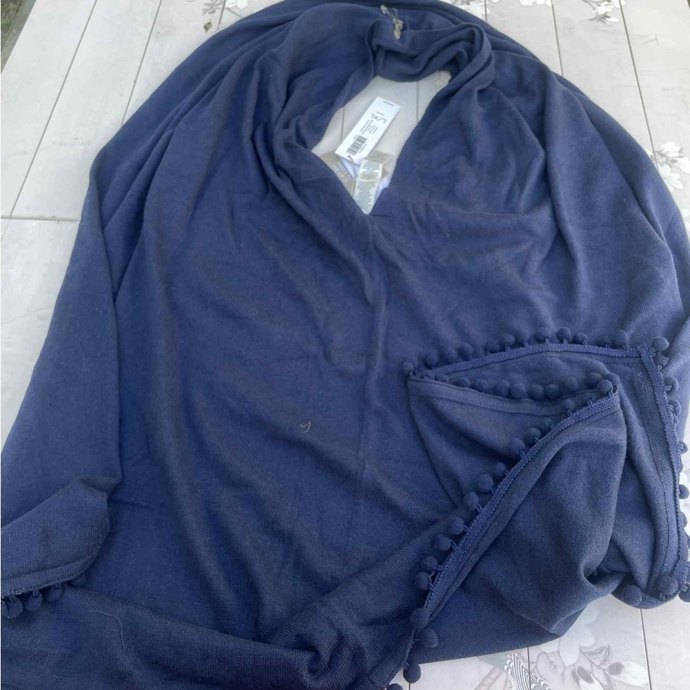 Chico's Deep Blue Poncho with Pom Pom Detail - Picture 4 of 4
